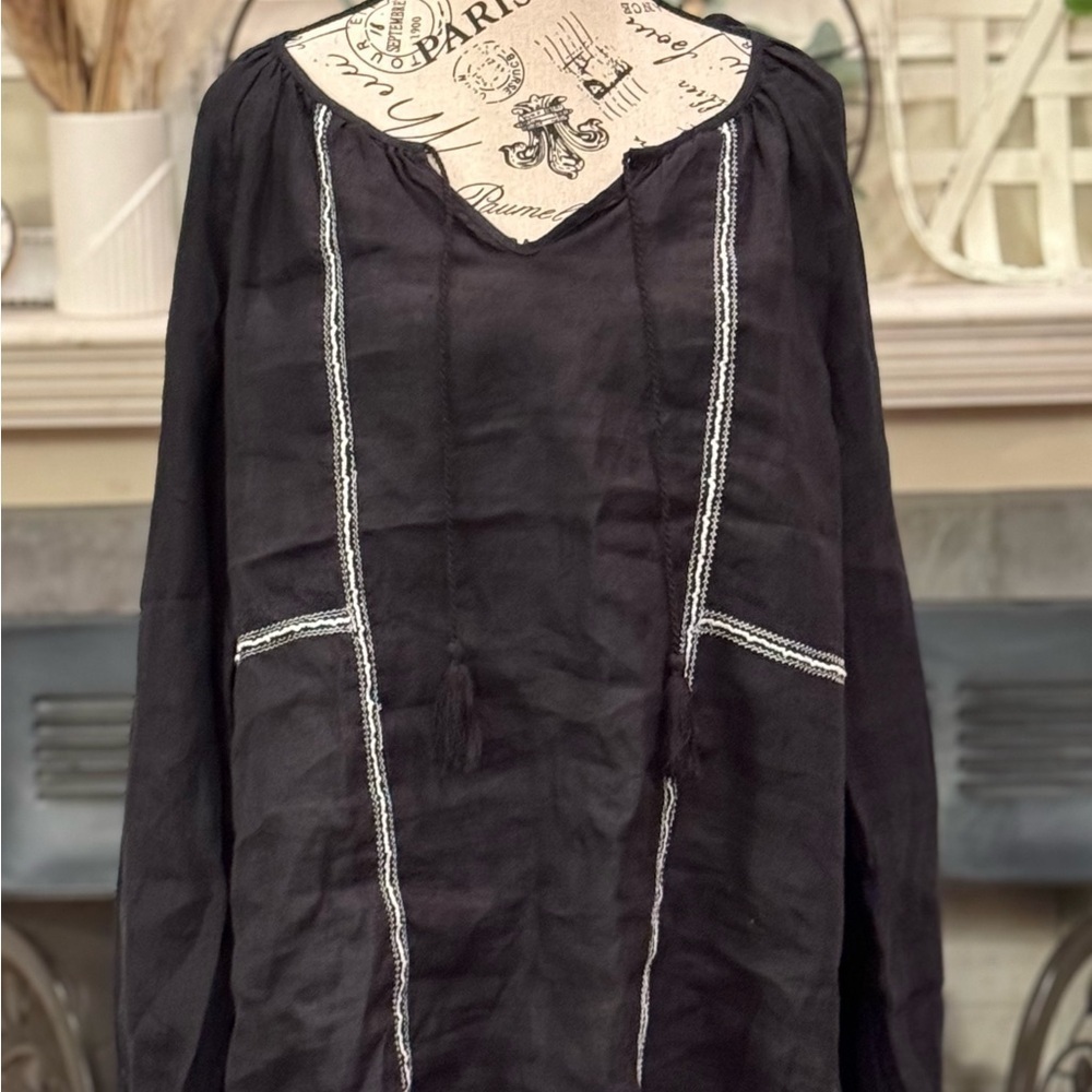 St Tropez West 100% Linen Blouse Tunic Black White Embroidery Stitching Women XL
